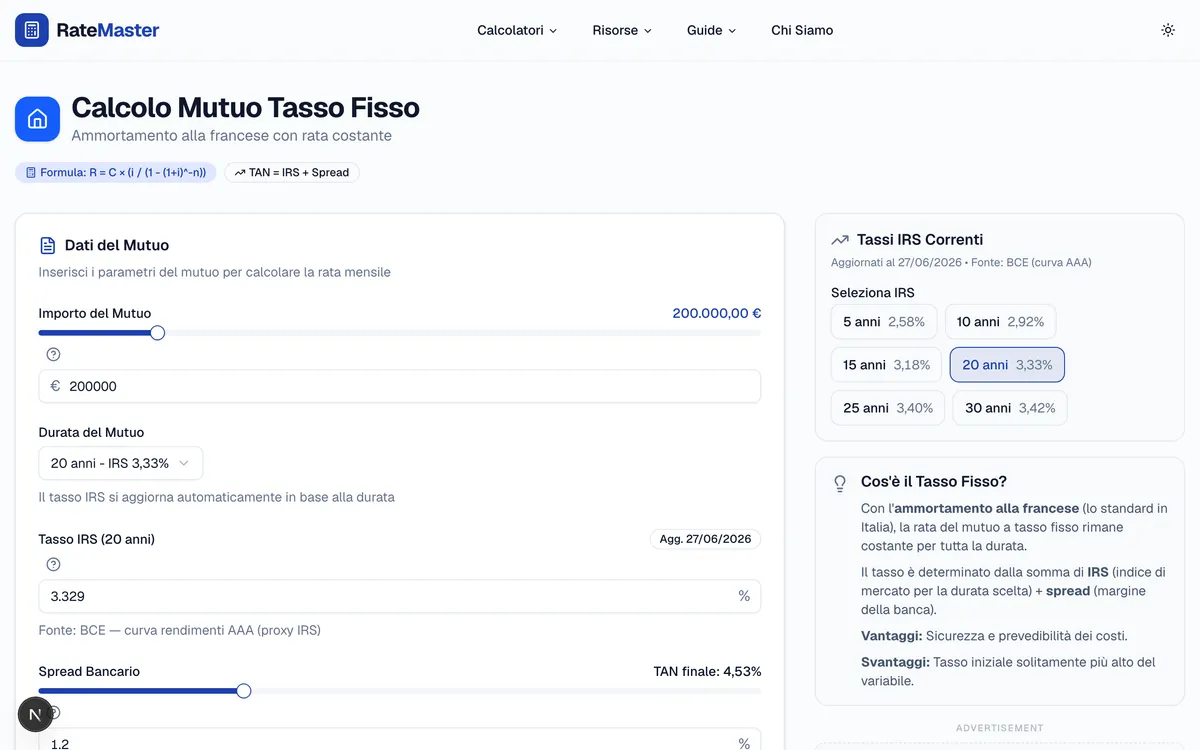 Calcolatore mutuo a tasso fisso: parametri per il piano di ammortamento
