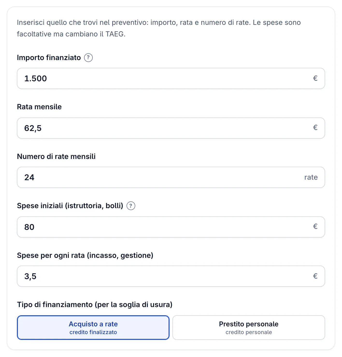 Calcolatore dalla rata al tasso con i dati dell'esempio 2: importo 1.500 €, 24 rate da 62,50 €, spese iniziali 80 € e 3,50 € per ogni rata