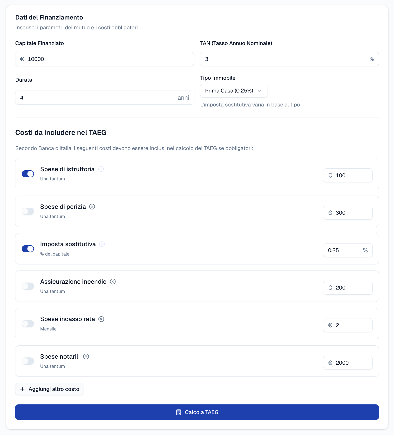 Interfaccia del calcolatore - inserimento dati
